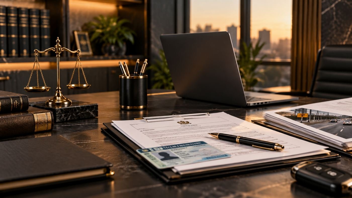 Mesa de trabalho com documentos de trânsito